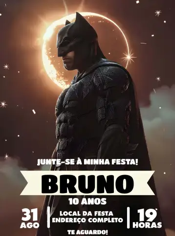 Convite Batman Herói para aniversário infantil. – tema aniversário infantil (moderno, temático, aventura, colorido, super-herói)