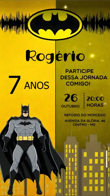 Convite Batman Quadrinhos para aniversário infantil e festas temáticas do batman. – tema mais pesquisados (moderno, colorido, temática de super-heróis, vibrante, quadrinhos, animação)