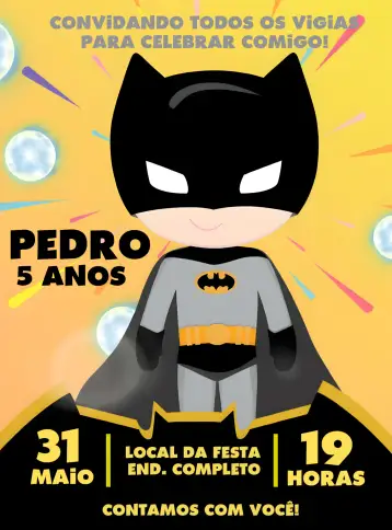 Convite Batman Toy Herói para aniversário infantil com tema batman. – tema mais pesquisados (temática de super-herói, cores vibrantes, estilo moderno, elementos gráficos de brinquedos, design divertido)