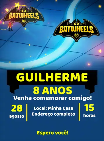 Convite Batwheels Azul para aniversário infantil com tema batwheels. – tema mais pesquisados (moderno, colorido, infantil, aventura, super-heróis)