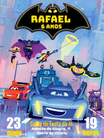 Convite Batwheels Blanco para cumpleaños infantil con temática de superhéroes. – tema más buscados (moderno, colorido, infantil, superhéroes, temático)