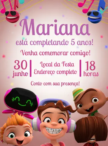 Convite Beat Power Rockers Rockets para cumpleaños infantil con temática de rock. – tema más buscados (colorido, rock, infantil, dinámico, divertido, temático)