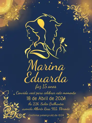 Convite Bela E A Fera Azul para festa de 15 anos. – tema 15 anos (azul, dourado, contos de fadas, elegante, arabescos, temática)