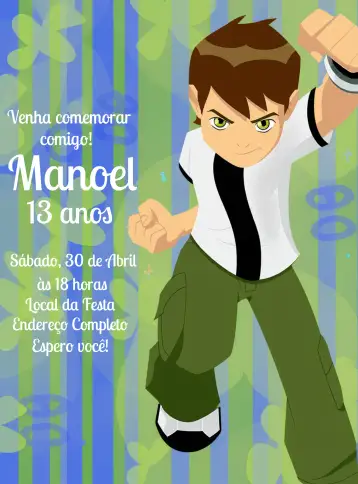 Convite Ben 10 Ben10 para aniversário infantil – tema aniversário infantil (aventura, monstros, jovem, colorido, divertido, moderno)