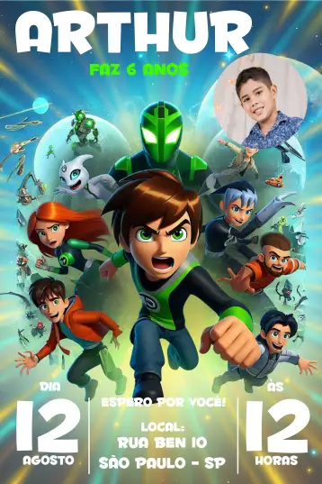 Convite Ben 10 Com Foto Ben10 para aniversário infantil. – tema aniversário infantil (temática Ben 10, cores vibrantes, design divertido, elementos gráficos de heróis, estilo moderno, visual infantil)
