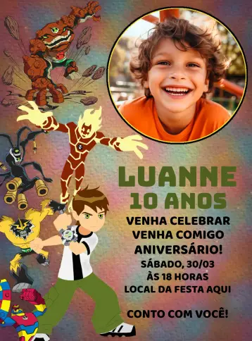 Convite Ben 10 Com Foto Desenho editável e personalizável