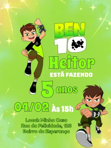 Convite Ben 10 Menino editável e personalizável