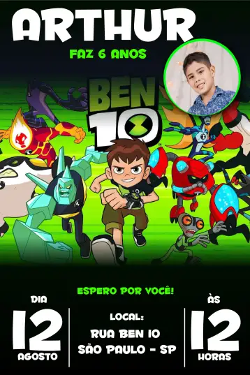 Convite Ben 10 Green para children's birthday – tema kids' birthday party (green, black, superhero theme, monster illustrations, fun style, modern)