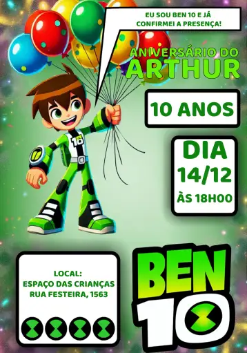 Convite Ben 10 Verde para aniversário infantil – tema aniversário infantil (verde, colorido, divertido, cartoon, infantil)