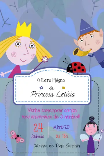 Convite Ben E Holly Reino para aniversário infantil – tema aniversário infantil (colorido, fantasia, lúdico, mágico, infantil)