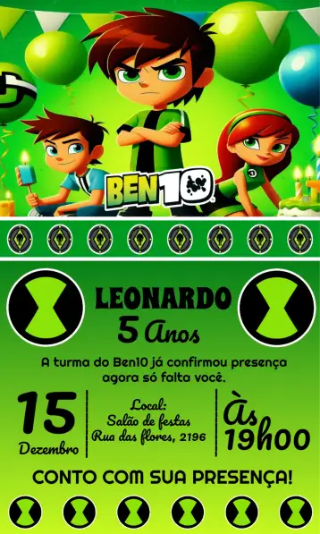 Convite Ben10 Monstros para aniversário infantil – tema aniversário infantil (verde, aventura, monstros, infantil, divertido, fantasia)