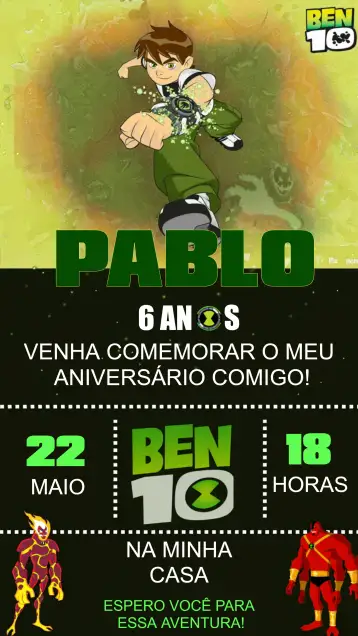 Convite Ben10 Green para children's birthday – tema kids' birthday party (green, black, modern, fun, themed, lively)