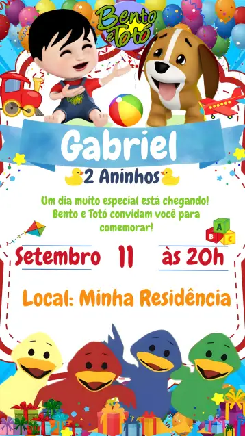 Convite Bento And Totó Animated para children's birthday – tema most searched for (colorful, fun, lively, childish, cute illustrations)