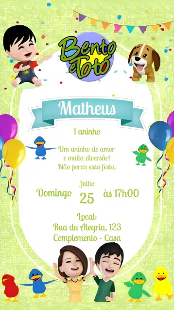 Convite Bento E Totó para aniversário infantil – tema aniversário infantil (colorido, divertido, lúdico, infantil, patinhos, festa temática)