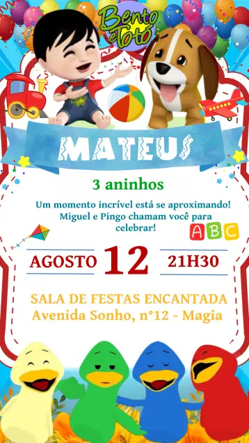 Convite Bento And Totó Colorful para children's birthday – tema most searched for (colorful, childlike, fun, playful, playful)