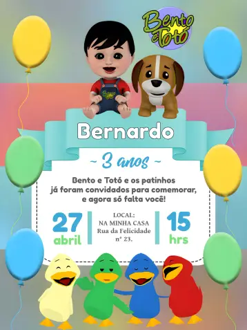 Invitación Bento Y Totó Los Patitos Coloridos Infantil editable y personalizable