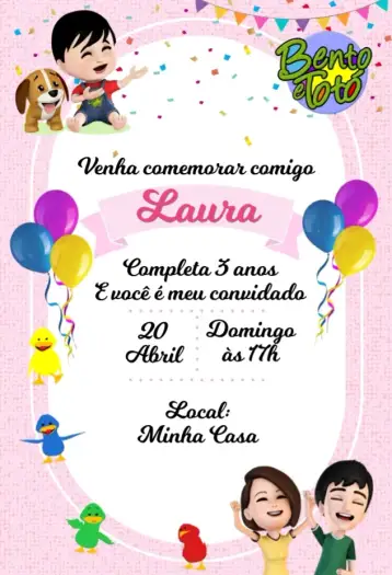 Convite Bento e Totó Rosa para aniversário infantil – tema cartão (cores vibrantes, ilustrações lúdicas, estilo infantil, tons de rosa, design divertido, elementos gráficos alegres)