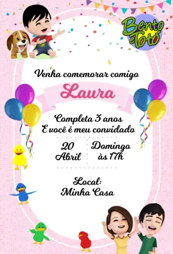 Convite Bento e Totó Rosa para aniversário infantil – tema cartão (cores vibrantes, ilustrações lúdicas, estilo infantil, tons de rosa, design divertido, elementos gráficos alegres)