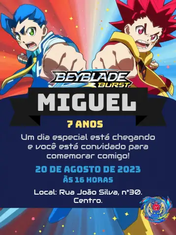 Convite Blue Beyblade para children's birthday – tema kids' birthday party (blue, black, Beyblade-themed, modern, fun, youthful)