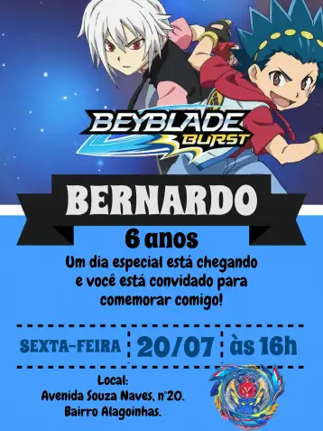 Convite Beyblade Bayblade para aniversário infantil com tema beyblade. – tema aniversário infantil (azul, preto, temática de batalha, jogos infantis, moderno, divertido)