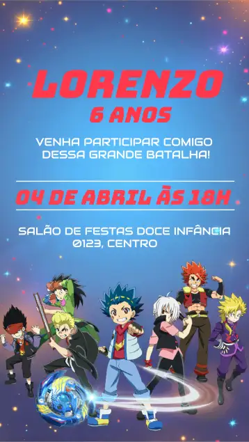 Convite Beyblade Burst Art para kids birthday with beyblade theme. – tema kids' birthday party (blue, Beyblade-themed, fun, modern, dynamic)