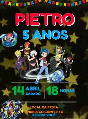 Convite Beyblade Infantil para kids birthday with beyblade theme. – tema kids' birthday party (colorful, modern, themed, fun, dynamic)