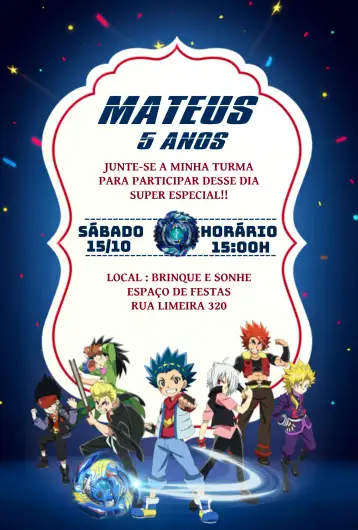 Convite Beyblade Infantil para cumpleaños infantil con temática beyblade. – tema cumpleaños infantil (azul, colorido, temático, moderno, divertido, jogos)