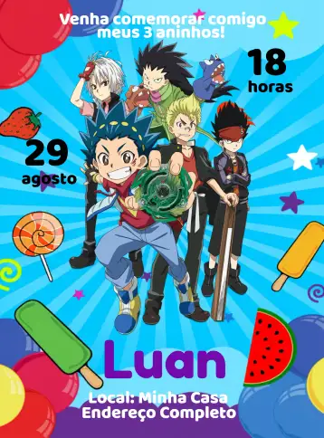 Convite Beyblade Kids para children's birthday with beyblade theme. – tema kids' birthday party (modern, fun, colorful, themed, games, childish)