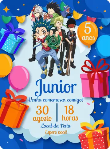 Convite Orange Beyblade para kids birthday – tema kids' birthday party (vibrant orange, fun style, battle graphic elements, cartoon style, colorful design, game theme)