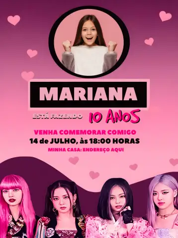 Convite Blackpink Con Foto Negro para cumpleaños de fans de kpop y blackpink. – tema más buscados (negro y rosa, moderno, elegante, Kpop, minimalista)