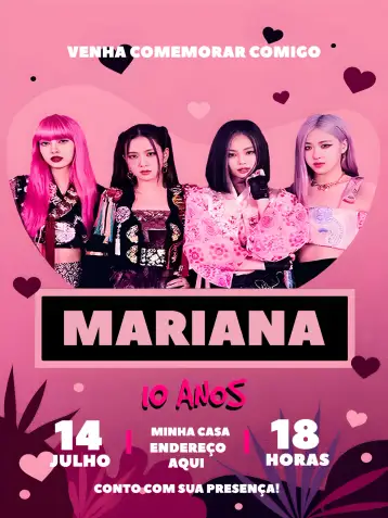 Convite Blackpink Kpop para aniversário de fãs de kpop e festas temáticas. – tema mais pesquisados (preto e rosa, Kpop, moderno, divertido, estilizado, temático)