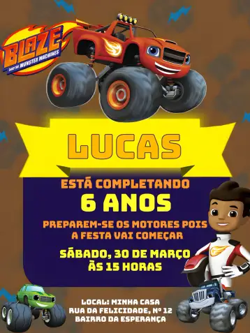 Convite Blaze E As Máquinas Monstruosas Carro para aniversário infantil – tema mais pesquisados (azul, divertido, animado, infantil, colorido)