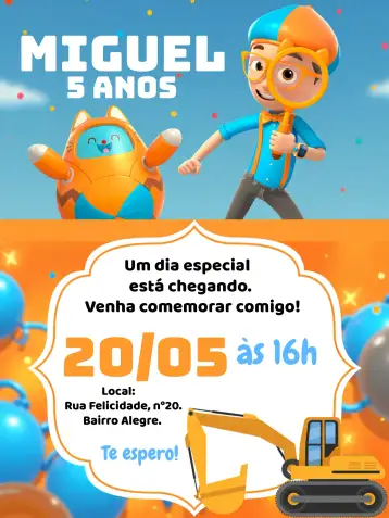 Convite Blippi Azul para aniversário infantil com tema do blippi. – tema mais pesquisados (colorido, infantil, temático, divertido, moderno)
