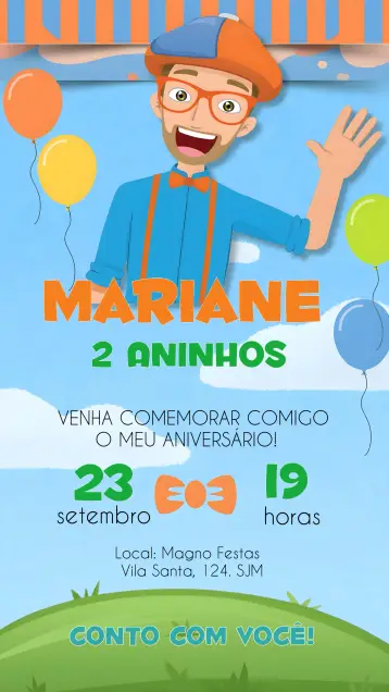 Convite Blippi Colorido editável e personalizável