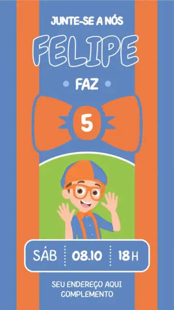 Convite Blippi para aniversário infantil – tema aniversário infantil (colorido, divertido, temático, infantil, animado)