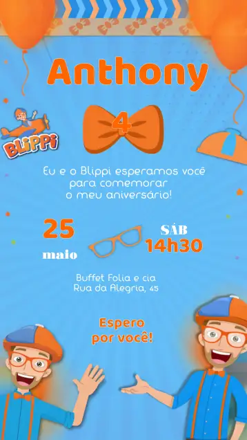 Convite Blippi Infantil para aniversário infantil – tema mais pesquisados (colorido, divertido, infantil, brincalhão, temático, vibrante)