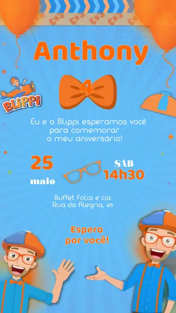 Convite Blippi Infantil editável e personalizável