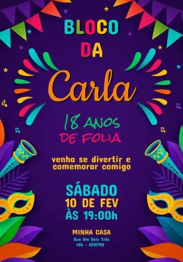 Convite Bloco De Carnaval Baile para aniversário com tema de carnaval. – tema aniversário (colorido, carnaval, divertido, alegre, festa temática, vibrante)