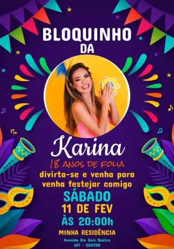 Convite Bloco De Carnaval Con Foto Bailinho para ideal para fiestas de cumpleaños con temática de carnaval. – tema cumpleaños (colorido, divertido, festivo, tropical, moderno, ilustración alegre)