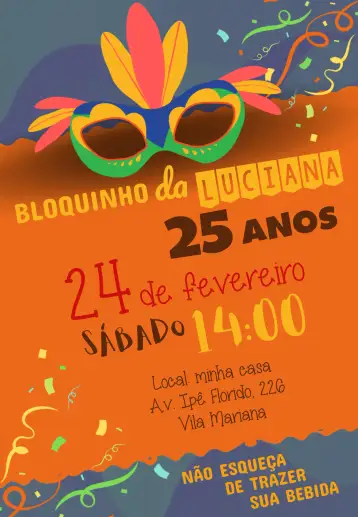 Convite Bloquinho De Carnaval Eléctrico para aniversario en clima de carnaval. – tema fechas conmemorativas (colorido, carnaval, divertido, brasileño, festivo, tropical)