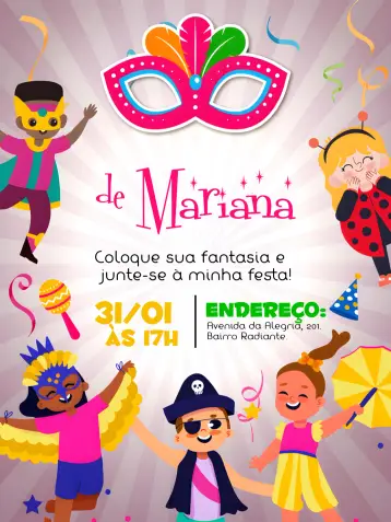 Invitación Bloquinho De Carnaval Infantil editable y personalizable