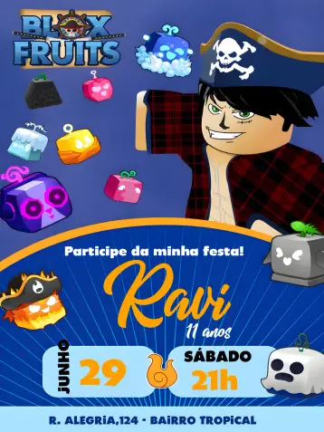 Invitación Blox Fruits Colorido editable y personalizable
