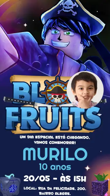 Convite Blox Fruits With Roblox Photo para kids birthday – tema kids' birthday party (colorful, modern, game, fantasy, fun)