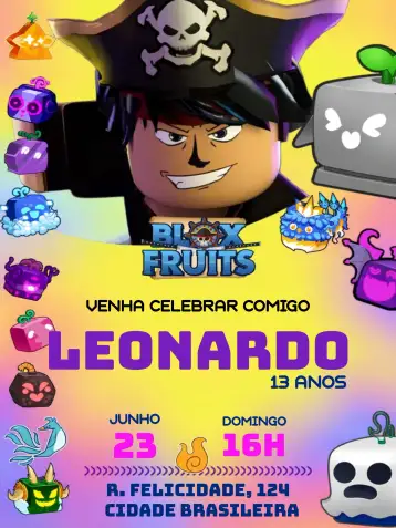 Convite Blox Fruits Frutinhas para aniversário infantil. – tema kids' birthday party (colorful, fun-filled, games, fruits, childlike)