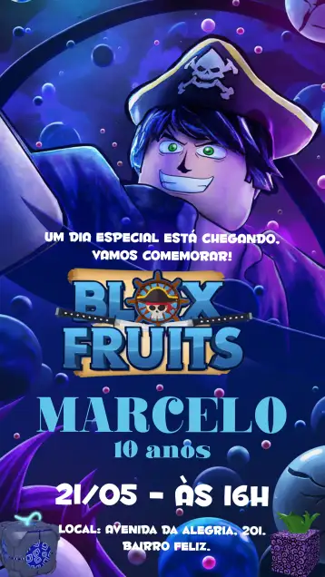 Convite Blox Fruits Gamer para aniversário infantil – tema cumpleaños infantil (lila, jugador, Roblox, diversión, moderno, colorido)