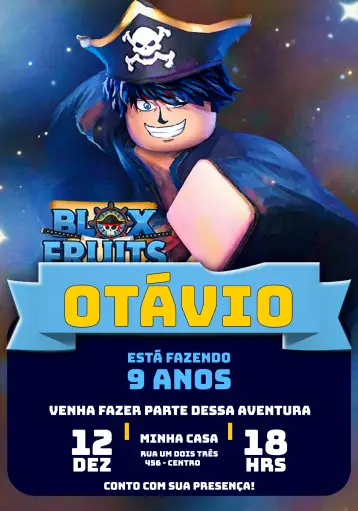 Invitación Blox Fruits Pirata editable y personalizable