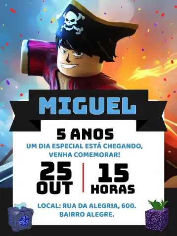 Convite Blox Fruits Roblox Bloxfruis para children's birthday with a gaming theme. – tema kids' birthday party (pirate, gamer, colorful, modern, fun, themed)