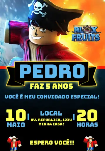 Invitación Blox Fruits Roblox One Piece Bloxfruits editable y personalizable