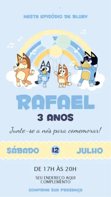 Convite Bluey para aniversário infantil. – tema cartão (azul, infantil, lúdico, colorido, moderno)