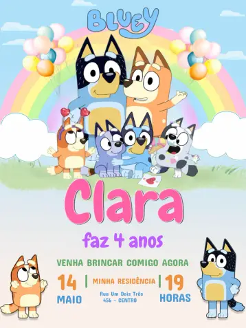 Convite Bluey & Bingo Rosa Infantil editável e personalizável